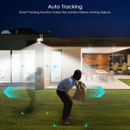 A modern house at night with a mounted security camera on the exterior wall, showing a person on the lawn holding a bag while the camera beam and tracking indicators demonstrate motion detection. Text at the top reads 'Auto Tracking' and 'Smart Tracking function makes the camera follows moving objects.