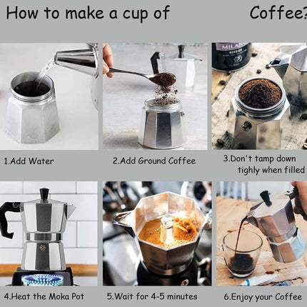 Step-by-step guide on how to make a cup of coffee using a Moka pot.