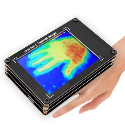 Handheld thermal imager displaying a hand's thermal image on a white background