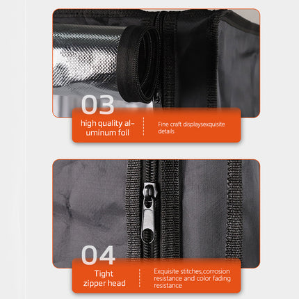Close-up of a black bag with zipper details on a gray background