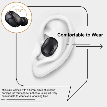 Black wireless earbuds shown inside a white ear with text indicating comfort and size options.
