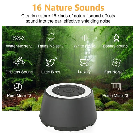 Sound machine with nature sound effects displayed on a green forest background