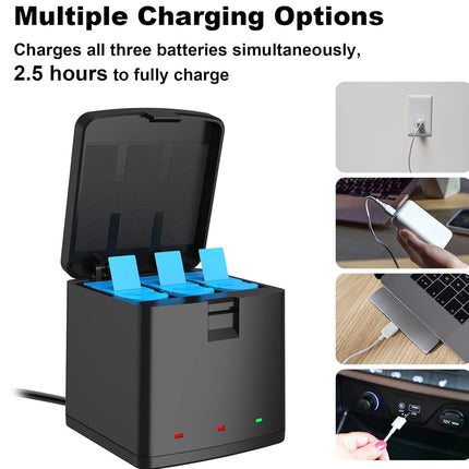 A black multi-device battery charger with three blue battery inserts, shown alongside text reading 'Multiple Charging Options' and four small inset photos demonstrating wall charging, laptop charging, and car USB charging.