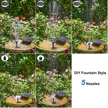 Solar water fountain with five nozzles in a garden setting