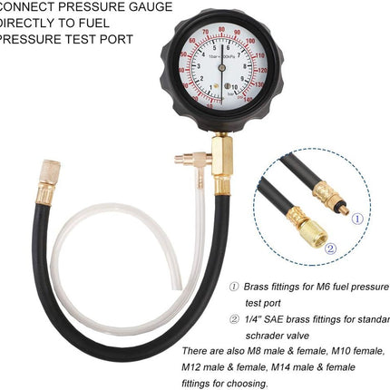 Fuel pressure gauge with hoses and fittings on a white background