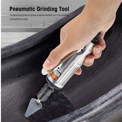 Pneumatic grinding tool being used on a car surface with text indicating its use for grinding and polishing.