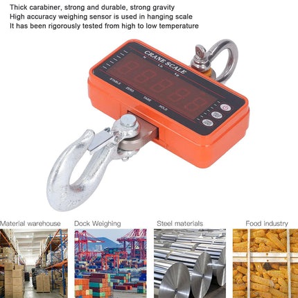 Orange crane scale with hanging hook on a white background, used for material warehouse, dock weighing, steel materials, and food industry applications.