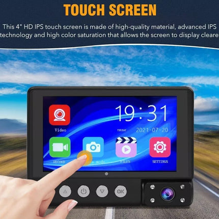 4-inch HD IPS touch screen display with a hand interacting with it, set against a blurred road and sky background.