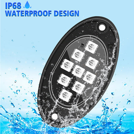 An oval black underwater LED light with a clear cover showing white LED chips, set against a blue water splash background with 'IP68 WATERPROOF DESIGN' text at the top.