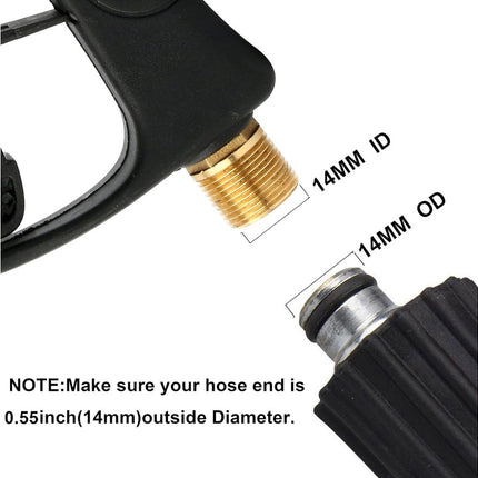 Close-up of a pressure washer nozzle with measurements and hose end requirements on a white background.