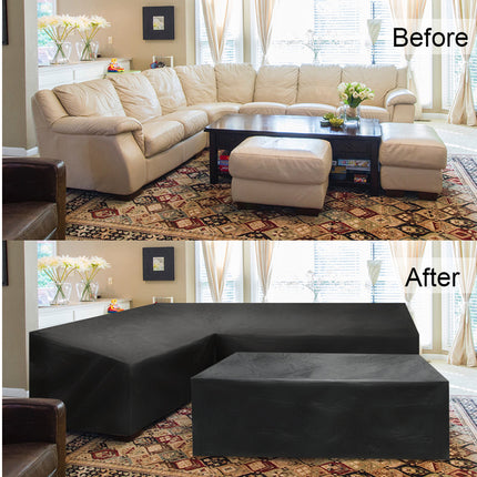 A before-and-after comparison showing a beige sectional sofa in a living room with matching ottomans, with the sofa covered in a black slipcover in the after view. The words 'Before' and 'After' are printed on the image.