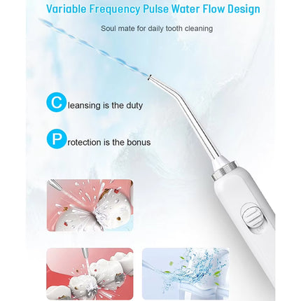 A white and silver water flosser shown on a light blue graphic background with text describing its variable frequency pulse water flow design and small demonstration inset images.