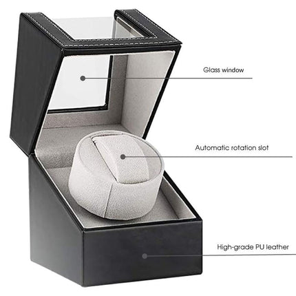 Wristwatch in a black display box with labeled features on a white background