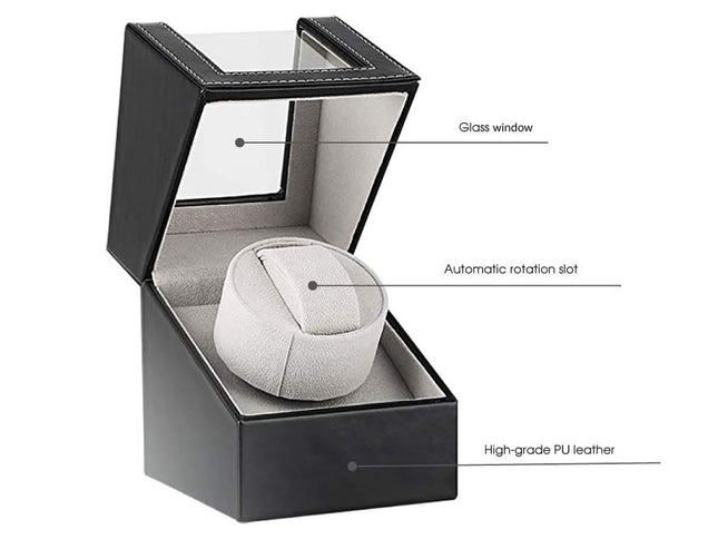 Wristwatch in a black display box with labeled features on a white background