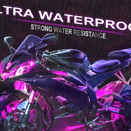 A sport motorcycle shown in a dark, rainy promotional graphic with large text reading 'ULTRA WATERPROOF' and 'STRONG WATER RESISTANCE.' The bike is rendered in glossy black with vivid magenta/purple lighting accents.