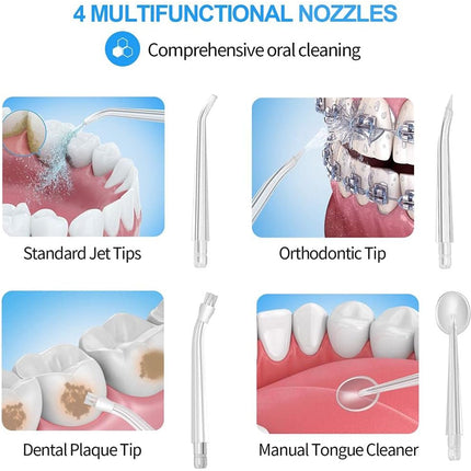 Multifunctional nozzles for comprehensive oral cleaning with different tips on a white background.