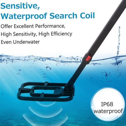 Sensitive, waterproof search coil with underwater scene and text highlighting features.