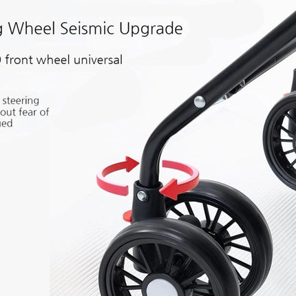 Stroller with big wheel system and text highlighting features on a white background