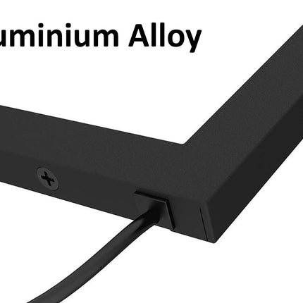 Close-up of a black rectangular product corner with a cable entering a port, on a white background with the text 'Aluminium Alloy' in the top left.