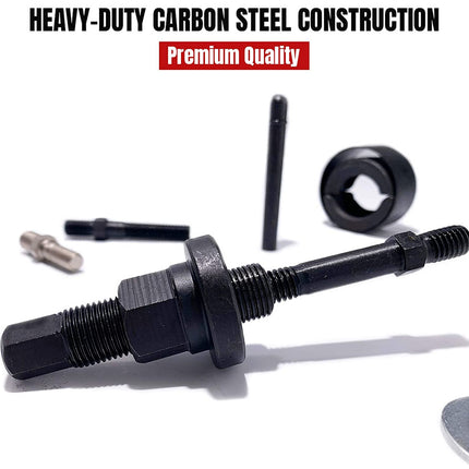 Heavy-duty carbon steel construction bolt with tools on a white background