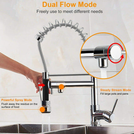 Kitchen faucet with dual flow mode features on a white background