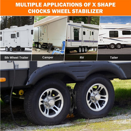 An informational product graphic showing a black X-shaped wheel chock under a trailer, with four small inset photos at the top demonstrating use on trailers, campers, an RV, and a tailgate. Large text at the top reads 'MULTIPLE APPLICATIONS OF X SHAPE CHOKS WHEEL STABILIZER.