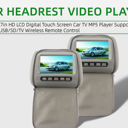 Car headrest video player set with two beige seat-back screens showing a car display image, with text reading 'CAR HEADREST VIDEO PLAYER' and '7in HD LCD Digital Touch Screen Car TV MP5 Player Support USB/SD/TV Wireless Remote Control' on a light gray background.