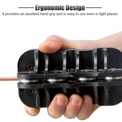 Hand holding a black ergonomic tool with text about its design and ease of use.