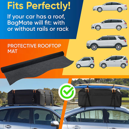 Advertisement for BagMate protective rooftop mat with cars and roof racks on a colorful background