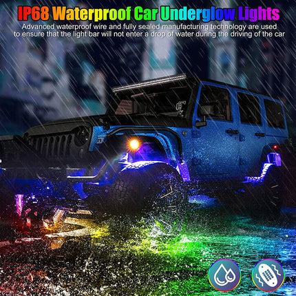 Off-road vehicle with waterproof car underglow lights on a rainy night.
