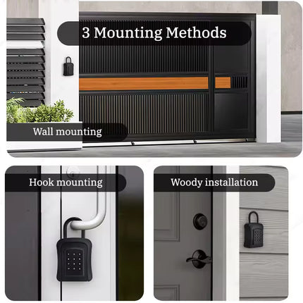 A collage showing a black electronic keypad door lock with three labeled installation methods: wall mounting, hook mounting, and woody installation.