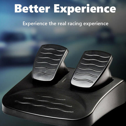 A black 2-wheel steering wheel footwell accessory with two textured brake and accelerator pedals, shown against a blurred blue racing background with the text 'Better Experience' and 'Experience the real racing experience'.