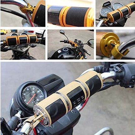 A collage of close-up views showing a motorcycle handlebar grip cover or handlebar accessory in black and tan with yellow accents, installed on a motorcycle. The collage includes multiple angles of the product on the handlebars, including a full view in the bottom panel and detail shots in the top panels.