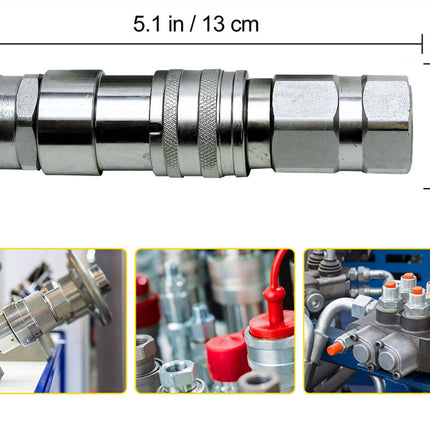 A metallic hydraulic or pneumatic quick-connect fitting shown on a white background, with dimension labels reading 5.1 in / 13 cm and 1.