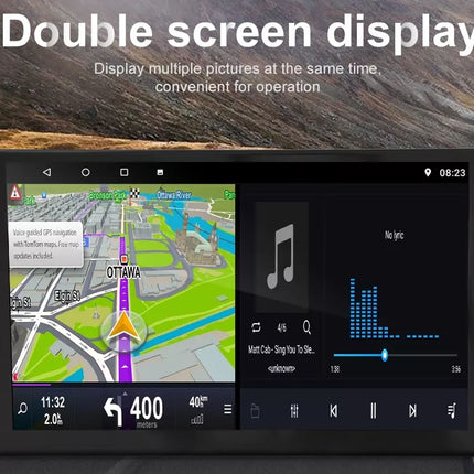 Multimedia display with navigation and music controls on a road background