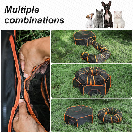 A collage showing a black and orange collapsible pet tunnel and its use. The top text reads 'Multiple combinations' with small cat and dog photos.