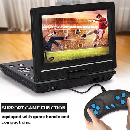 Portable entertainment system with screen displaying a soccer game and game controller on a table.