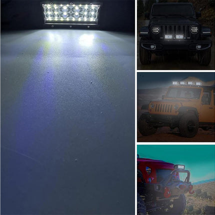 Collage of LED light bar in use on a vehicle and on a dark surface.