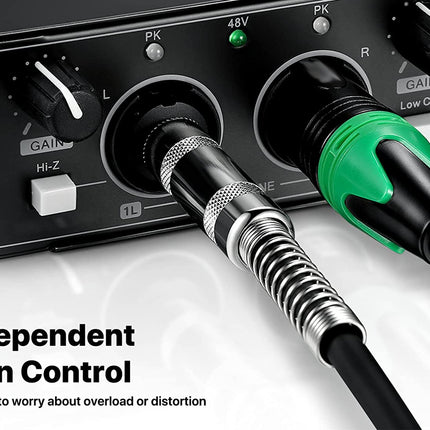 Audio interface with gain control knobs and cables plugged in, emphasizing independent gain control feature.