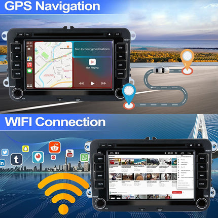 Car stereo system with GPS navigation and WiFi connection features on a scenic background.