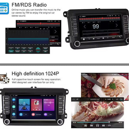 Car stereo system with touch screen display and FM/RDS radio functionality.