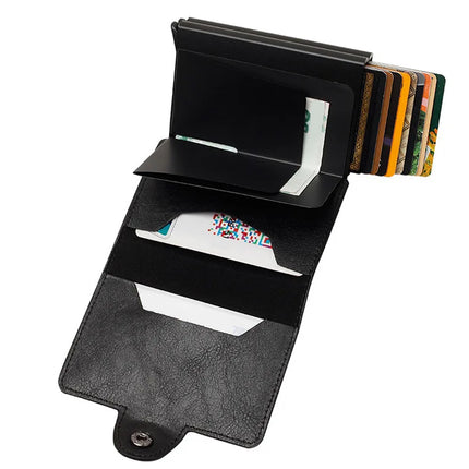 Black metal wallet with card slots and a small mirror on a white background