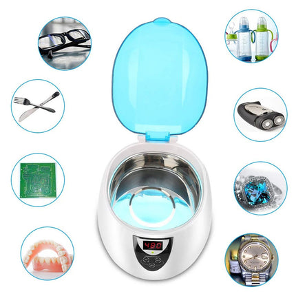 A white and silver ultrasonic cleaner with a translucent blue lid, shown open on a white background. Small circular inset images around it depict items that can be cleaned, including eyeglasses, bottles, a fork, a circuit board, teeth, and a watch.