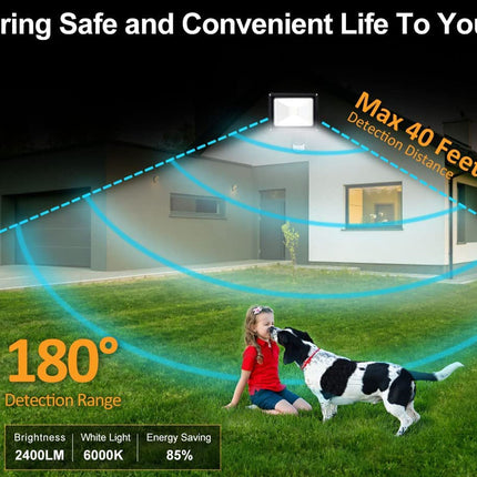 Outdoor security light with detection range and distance displayed, showing a house and a child with a dog.