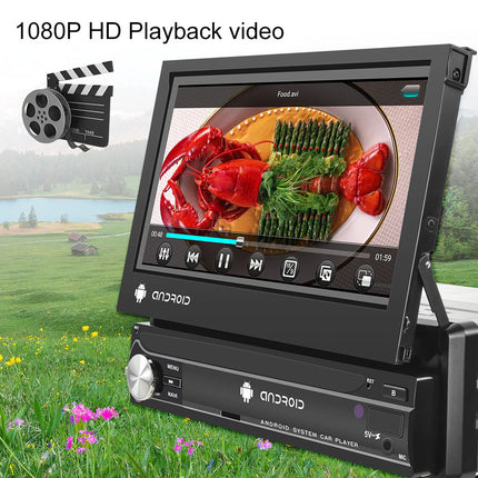 Android car player with screen displaying food on a grassy field background