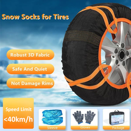 Snow socks for tires shown wrapped around a silver car wheel, with promotional text including 'Snow Socks for Tires,' 'Robust 3D Fabric,' 'Safe And Quiet,' 'Not Damage Rims,' and 'Speed Limit <40km/h.' Small inset images at the bottom show the sleeve, gloves, and package.
