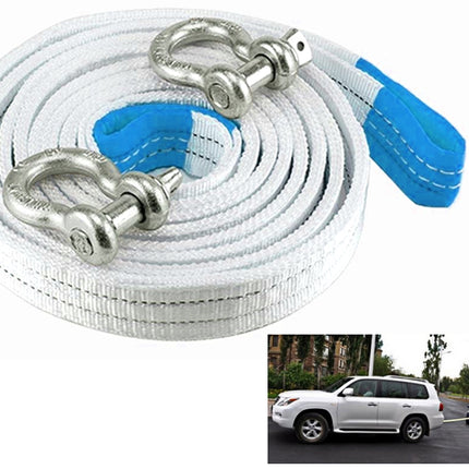 White tow rope with blue accents and metal shackle, displayed on a white background.