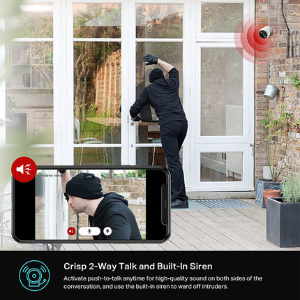 A promotional graphic for a security camera and alarm system. The top shows a person in black clothing standing outside a glass door, with a red security camera icon in the upper right.