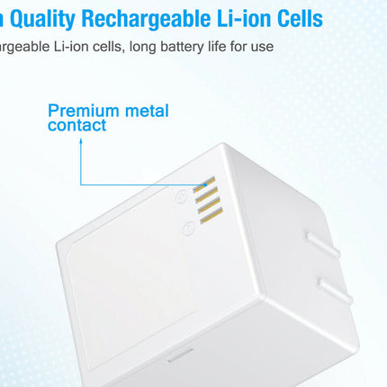 White electronic device with charging port on a light blue background, highlighting rechargeable Li-ion cells.