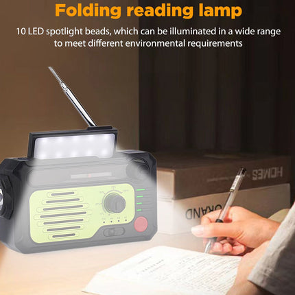 Folding reading lamp with 10 LED spotlight beads illuminating a person reading a book.